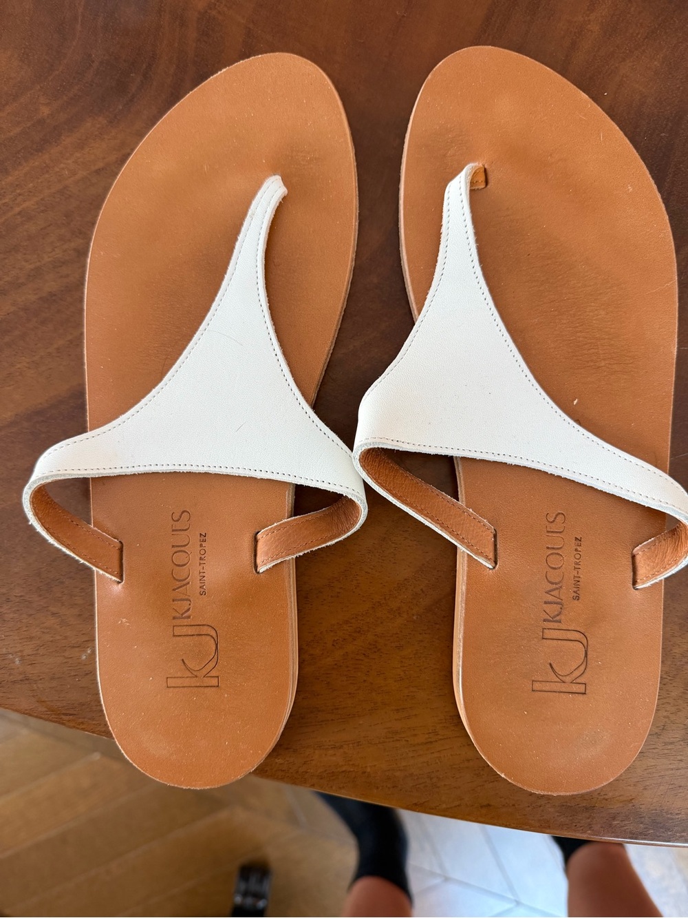 K.Jacques White Leather Thong Sandals with Tan Footbed